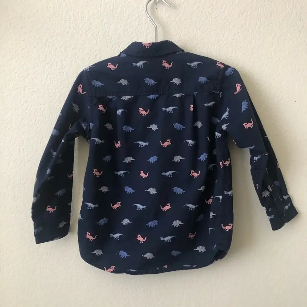 The Children’s Place dinosaur print long sleeve button down shirt navy blue